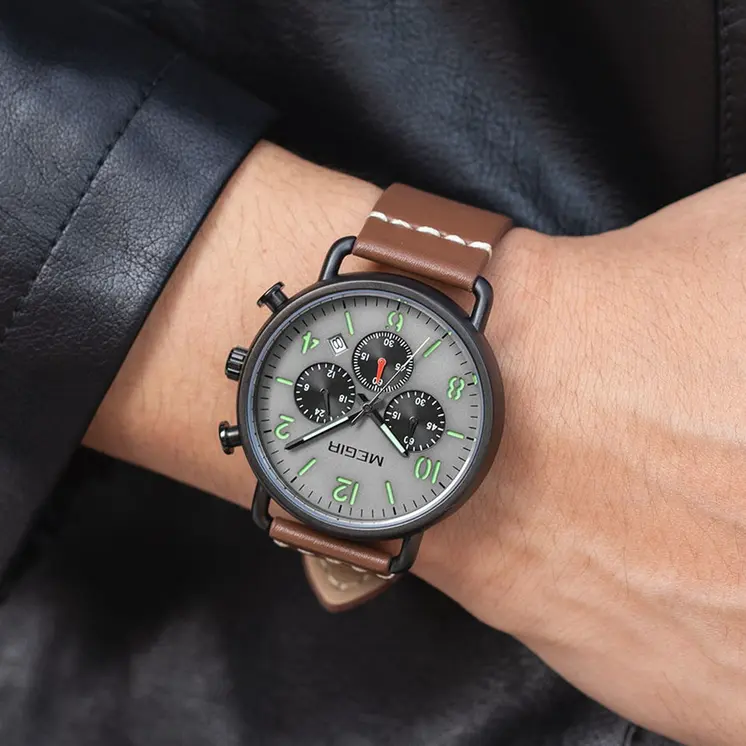 MEGIR Fashion Mens Watches Luxury Sport Quartz Wrist Watch Steel Mesh Business Casual Watches Calendar Leather Band Man Clock