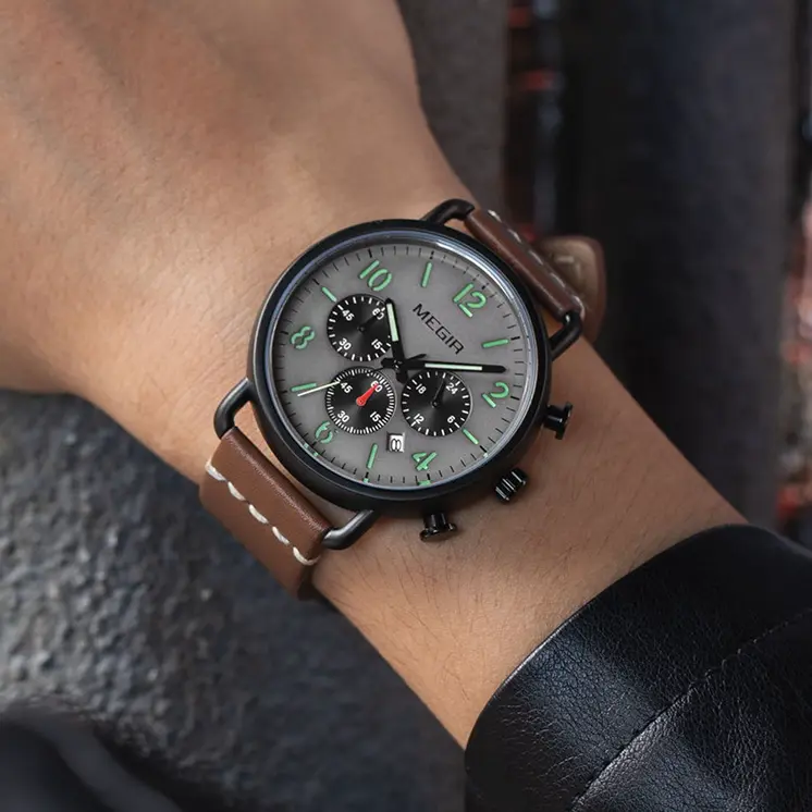 MEGIR Fashion Mens Watches Luxury Sport Quartz Wrist Watch Steel Mesh Business Casual Watches Calendar Leather Band Man Clock
