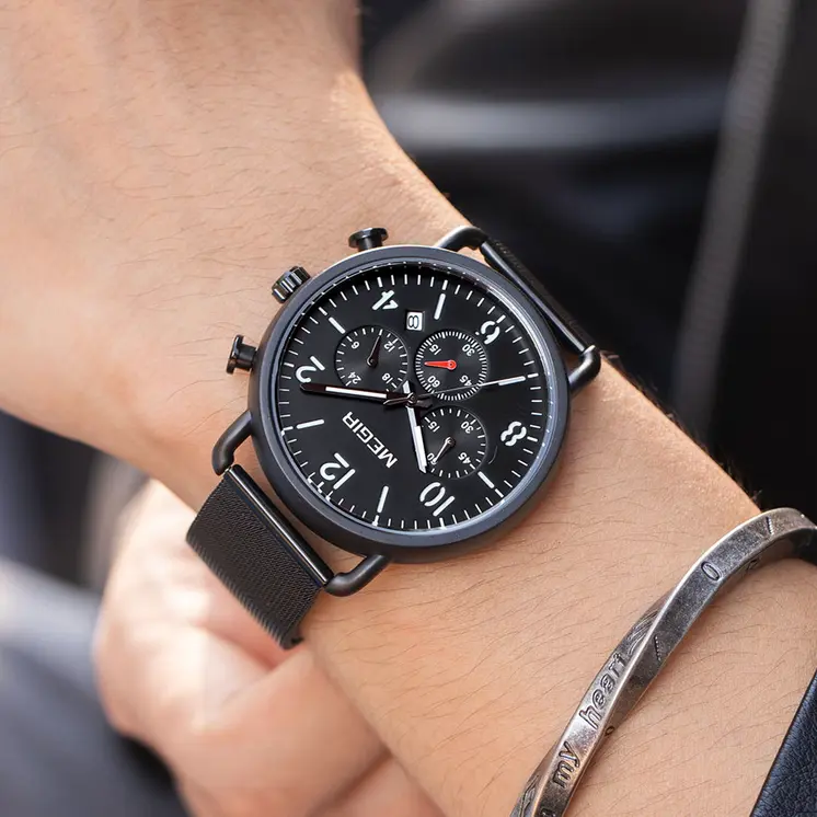 MEGIR Fashion Mens Watches Luxury Sport Quartz Wrist Watch Steel Mesh Business Casual Watches Calendar Leather Band Man Clock