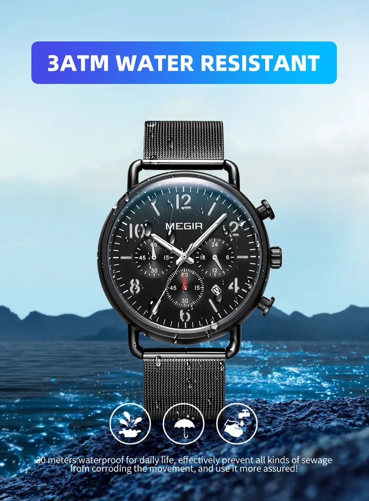 MEGIR Fashion Mens Watches Luxury Sport Quartz Wrist Watch Steel Mesh Business Casual Watches Calendar Leather Band Man Clock