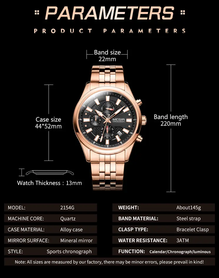 MEGIR Fashion Men Watches Luxury Business Wristwatch Stainless Steel Quartz Watch Calendar Luminous Man Clock Relogio Masculino