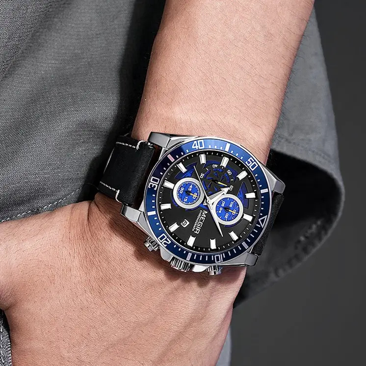 MEGIR Fashion Watches for Men Leather Strap Sport Military Wristwatch Man Quartz Watch Waterproof Chronograph with Calendar 2132