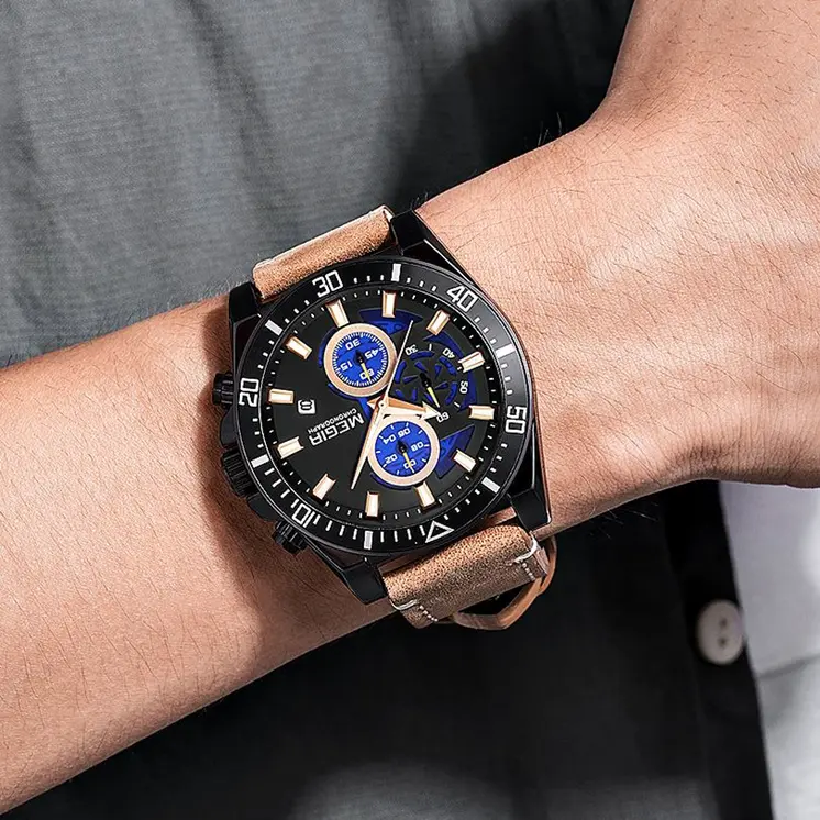 MEGIR Fashion Watches for Men Leather Strap Sport Military Wristwatch Man Quartz Watch Waterproof Chronograph with Calendar 2132