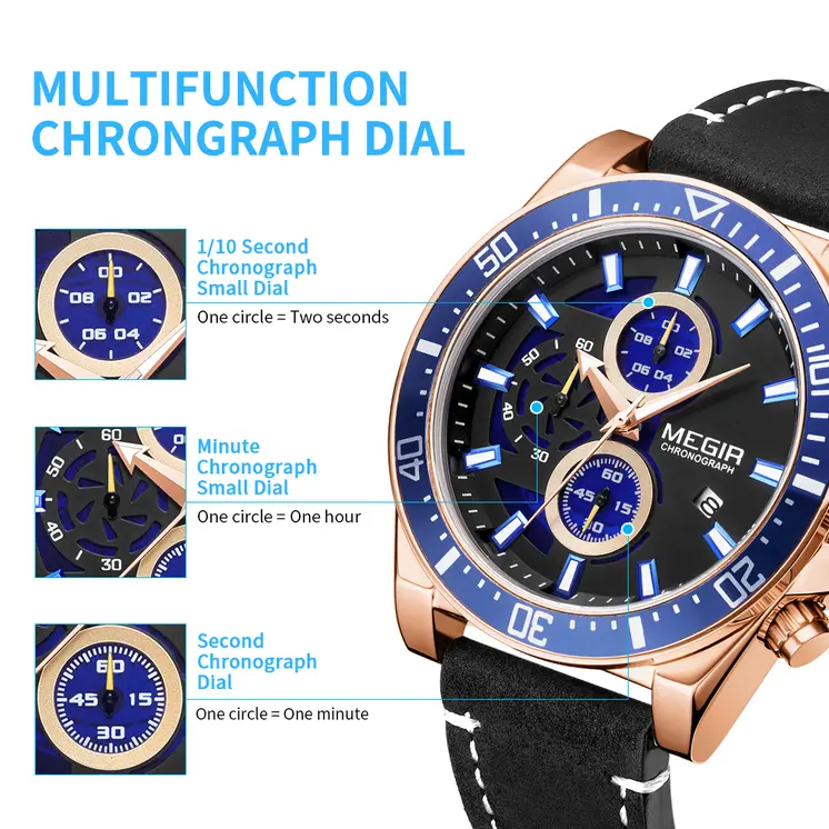 MEGIR Fashion Watches for Men Leather Strap Sport Military Wristwatch Man Quartz Watch Waterproof Chronograph with Calendar 2132