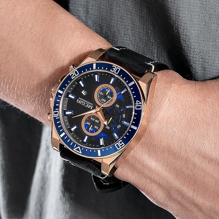 MEGIR Fashion Watches for Men Leather Strap Sport Military Wristwatch Man Quartz Watch Waterproof Chronograph with Calendar 2132