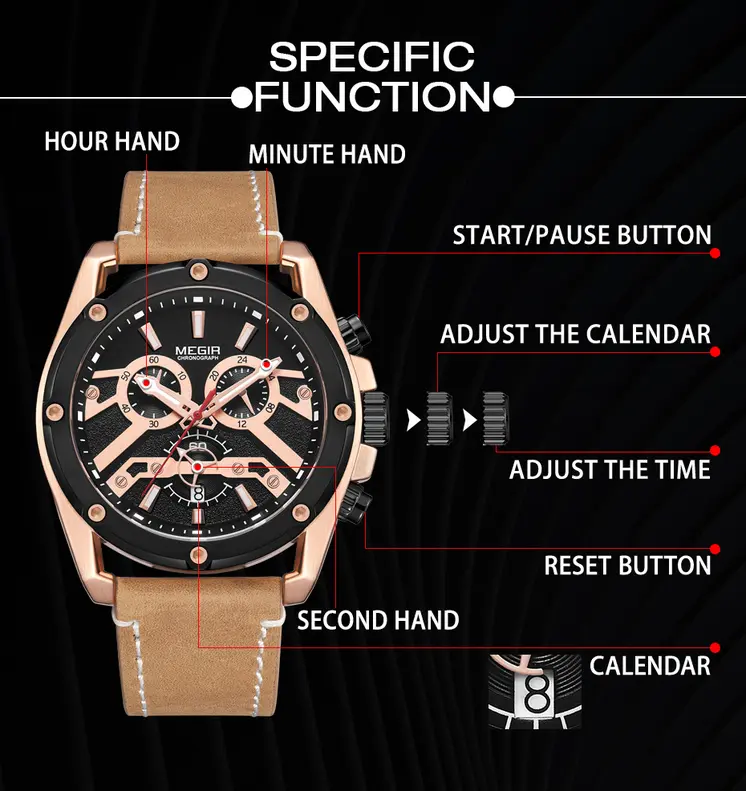 MEGIR Luxury Watch Men Military Sports Watches Leather Quartz Casual Chronograph Man WristWatch? Waterproof Date Clock 2120