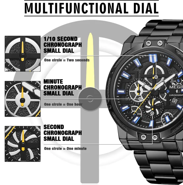 MEGIR Luxury Business Quartz Watches for Mens Stainless Steel Strap Men Casual Wristwatches Waterproof Man Clock Chronograph