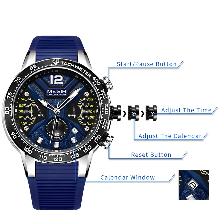 MEGIR Men Watch Top Brand Luxury Sport Chronograph Fashion Casual Mens Quartz Watches Silicone Wristwatches Reloj Hombre 2106