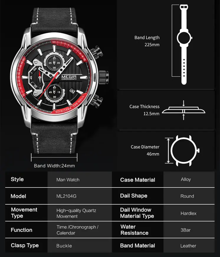 MEGIR Fashion Mens Watches Waterproof Luminous Sports Wrist Watch Man Leather Chronograph Quartz Wristwatch Reloj Hombre 2104