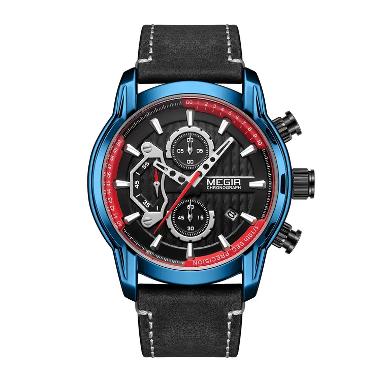 MEGIR Fashion Mens Watches Waterproof Luminous Sports Wrist Watch Man Leather Chronograph Quartz Wristwatch Reloj Hombre 2104