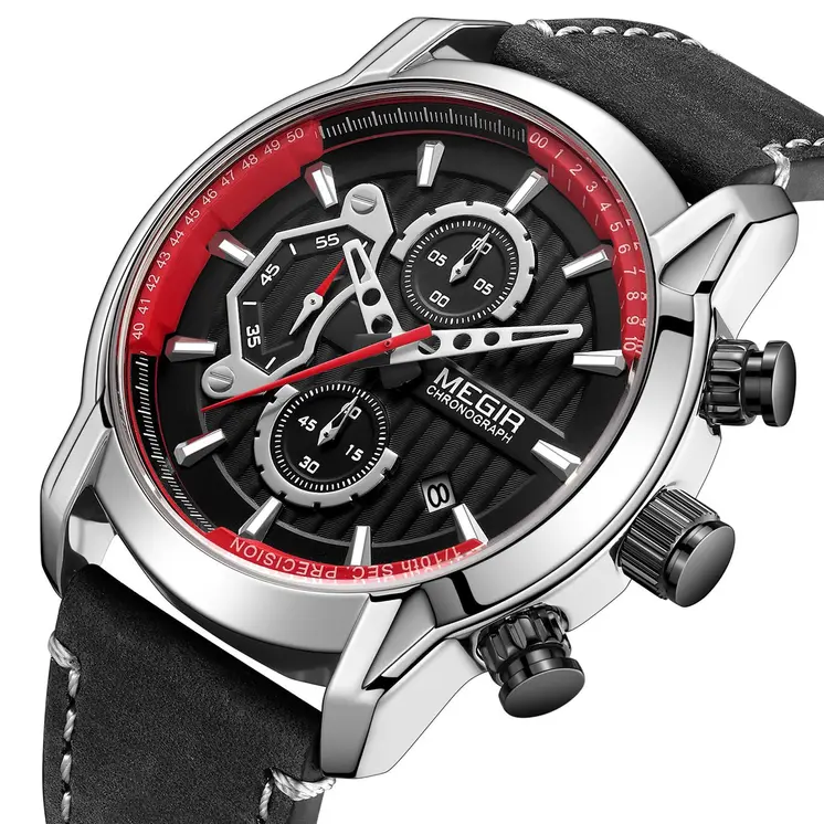 MEGIR Fashion Mens Watches Waterproof Luminous Sports Wrist Watch Man Leather Chronograph Quartz Wristwatch Reloj Hombre 2104