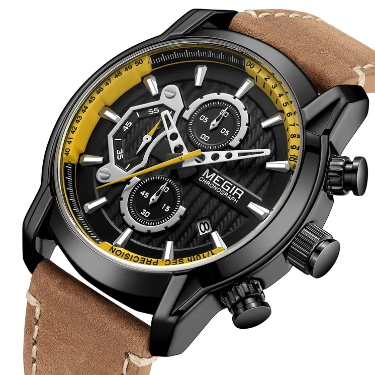 MEGIR Fashion Mens Watches Waterproof Luminous Sports Wrist Watch Man Leather Chronograph Quartz Wristwatch Reloj Hombre 2104