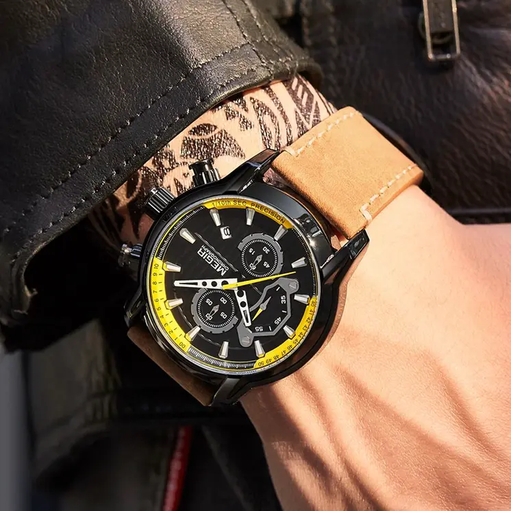 MEGIR Fashion Mens Watches Waterproof Luminous Sports Wrist Watch Man Leather Chronograph Quartz Wristwatch Reloj Hombre 2104