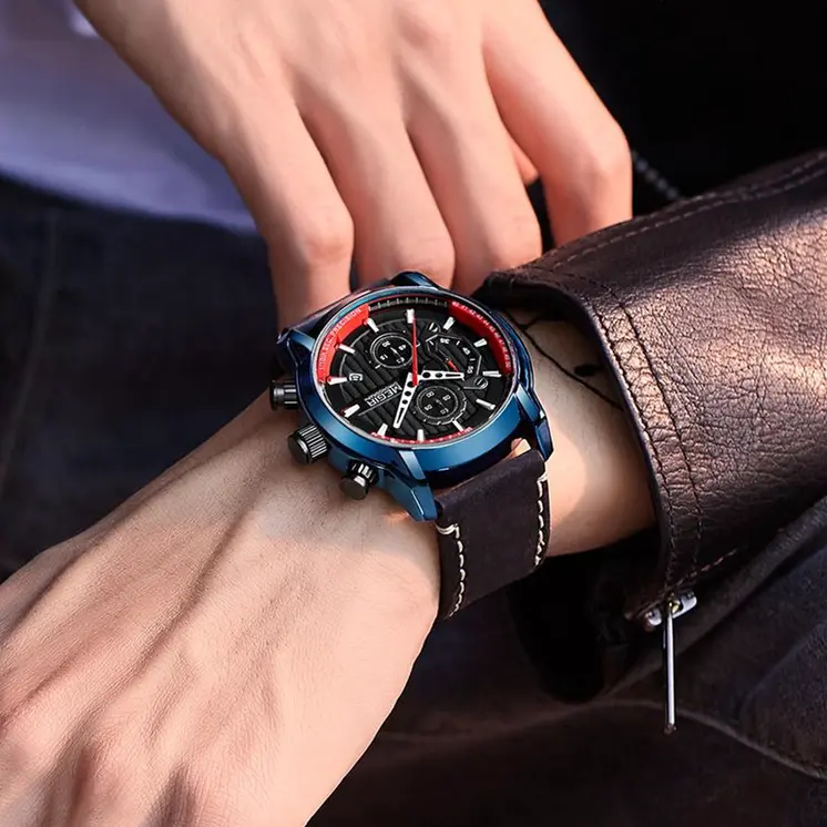 MEGIR Fashion Mens Watches Waterproof Luminous Sports Wrist Watch Man Leather Chronograph Quartz Wristwatch Reloj Hombre 2104