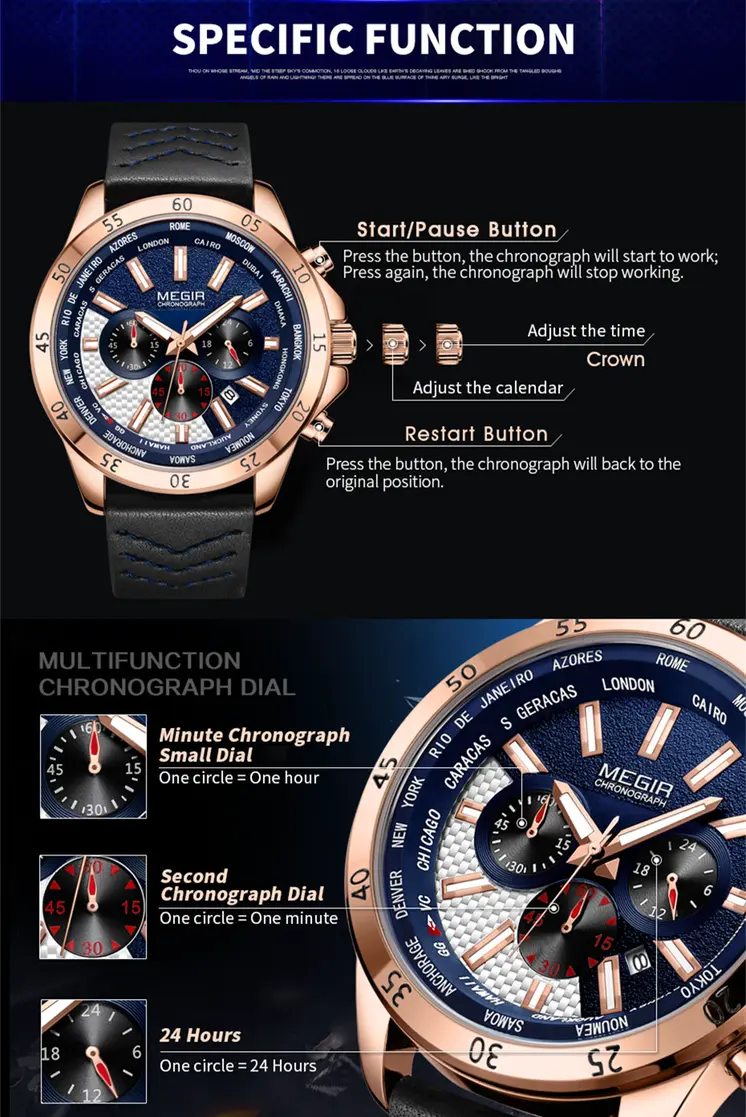 MEGIR Sports Watches for Mens Luxury Quartz Clock Chronograph Leather Fashion Casual Wristwatch Army Military Watch Reloj Hombre