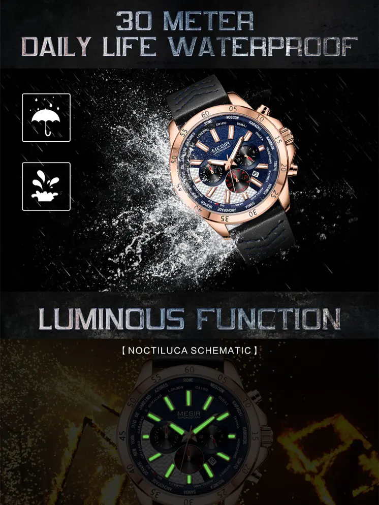 MEGIR Sports Watches for Mens Luxury Quartz Clock Chronograph Leather Fashion Casual Wristwatch Army Military Watch Reloj Hombre