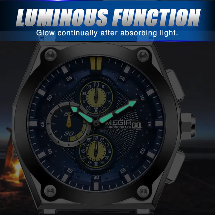 MEGIR Blue Quartz Men Watches Top Brand Leather Strap Chronograph Sport Wrist Watch Men Clock Relogio Masculino Reloj Hombre
