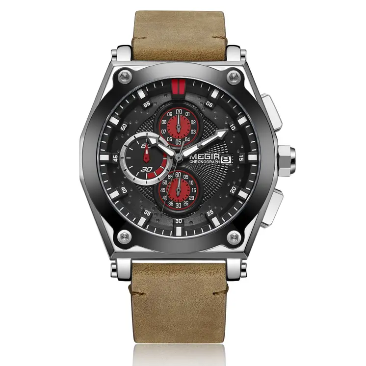 MEGIR Blue Quartz Men Watches Top Brand Leather Strap Chronograph Sport Wrist Watch Men Clock Relogio Masculino Reloj Hombre