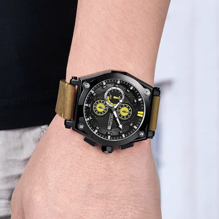 MEGIR Blue Quartz Men Watches Top Brand Leather Strap Chronograph Sport Wrist Watch Men Clock Relogio Masculino Reloj Hombre