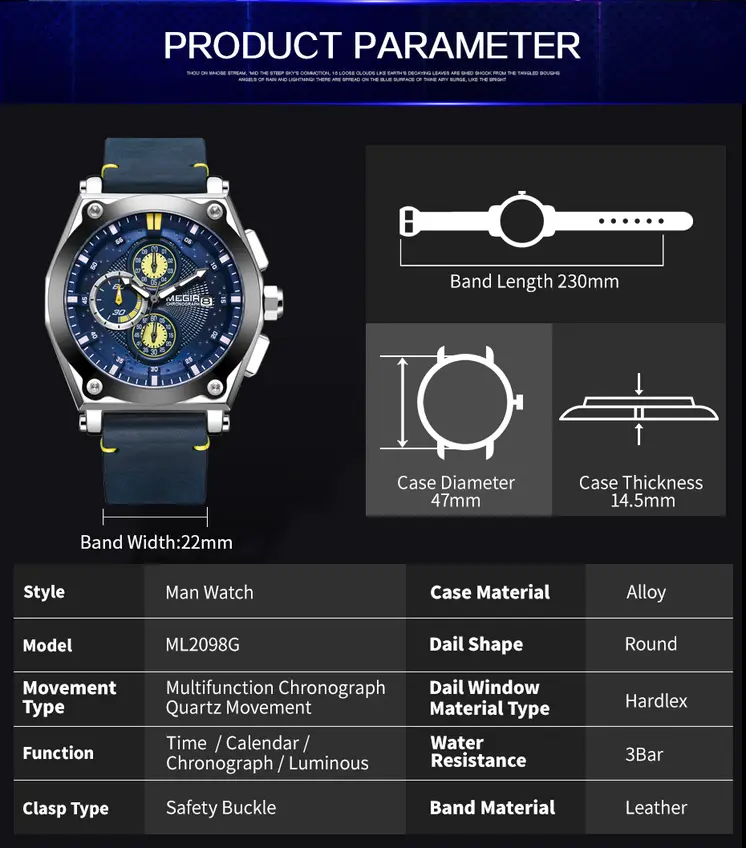 MEGIR Blue Quartz Men Watches Top Brand Leather Strap Chronograph Sport Wrist Watch Men Clock Relogio Masculino Reloj Hombre