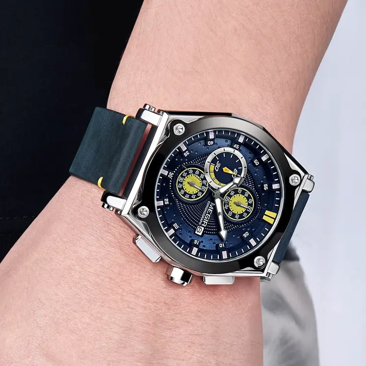 MEGIR Blue Quartz Men Watches Top Brand Leather Strap Chronograph Sport Wrist Watch Men Clock Relogio Masculino Reloj Hombre