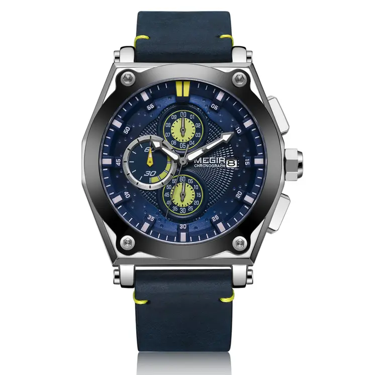 MEGIR Blue Quartz Men Watches Top Brand Leather Strap Chronograph Sport Wrist Watch Men Clock Relogio Masculino Reloj Hombre