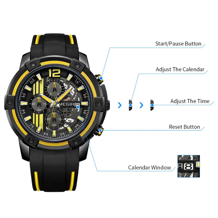 MEGIR Chronograph Mens Sport Watches with Silicone Band Big Dial Military Quartz Watch Men Clock Relogio Masculino Reloj Hombre