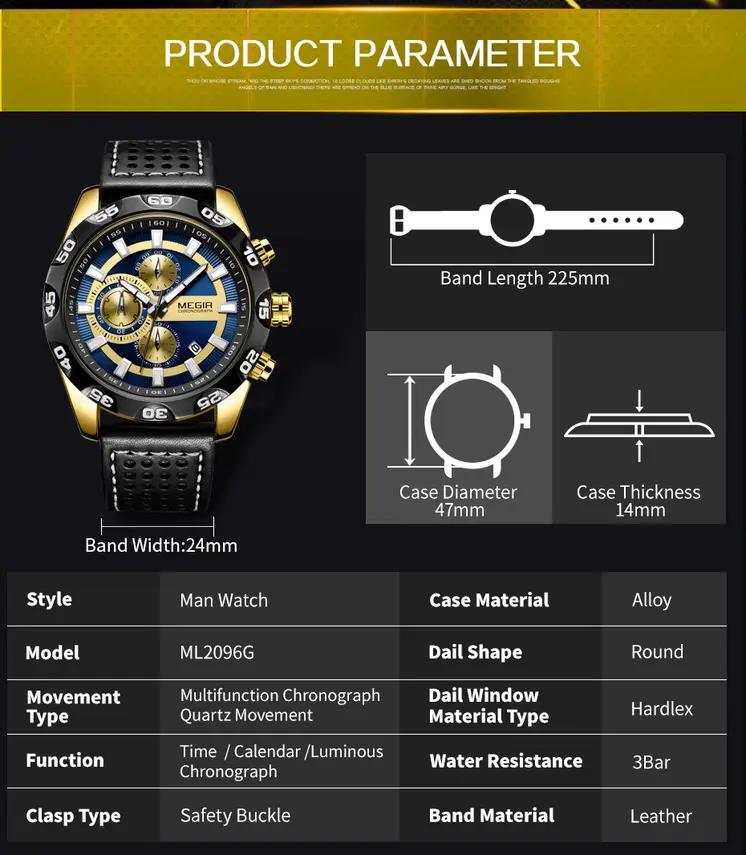 MEGIR Watches Mens Luxury Sports Military Watch Waterproof Luminous Quartz Wrist Watch Leather Casual Man Chronograph Clock