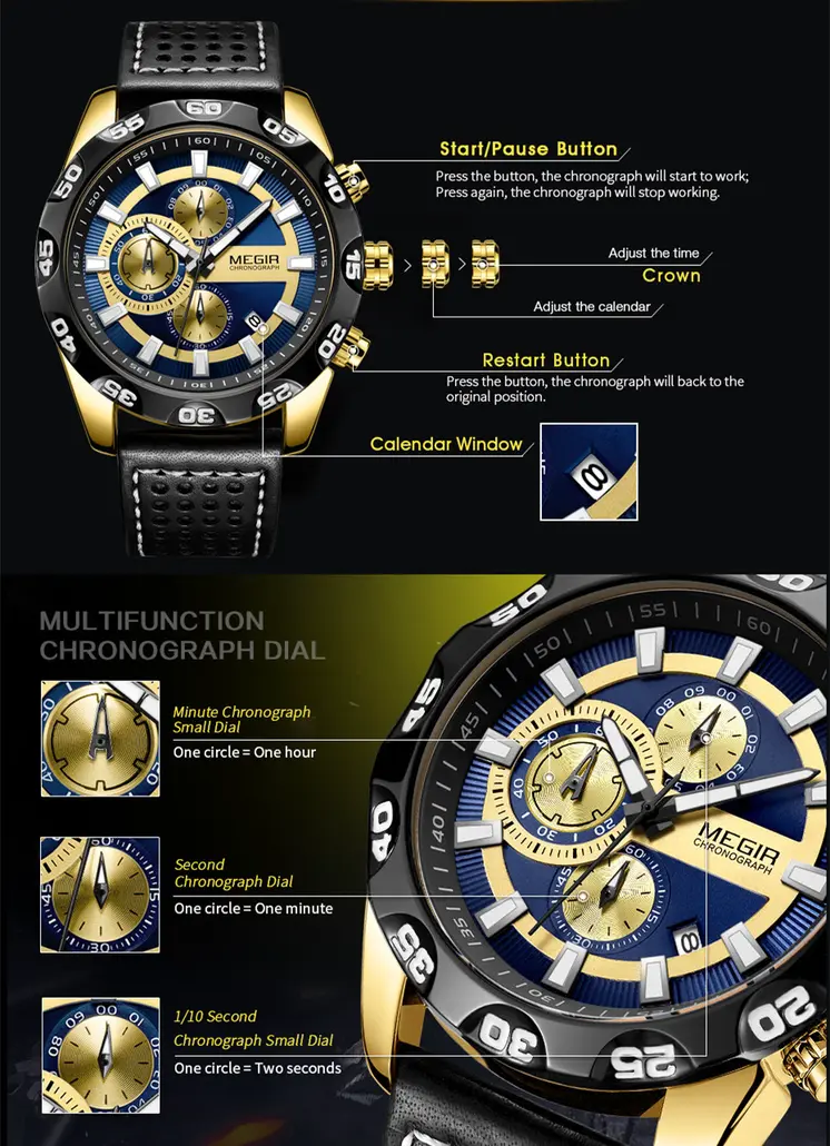 MEGIR Watches Mens Luxury Sports Military Watch Waterproof Luminous Quartz Wrist Watch Leather Casual Man Chronograph Clock