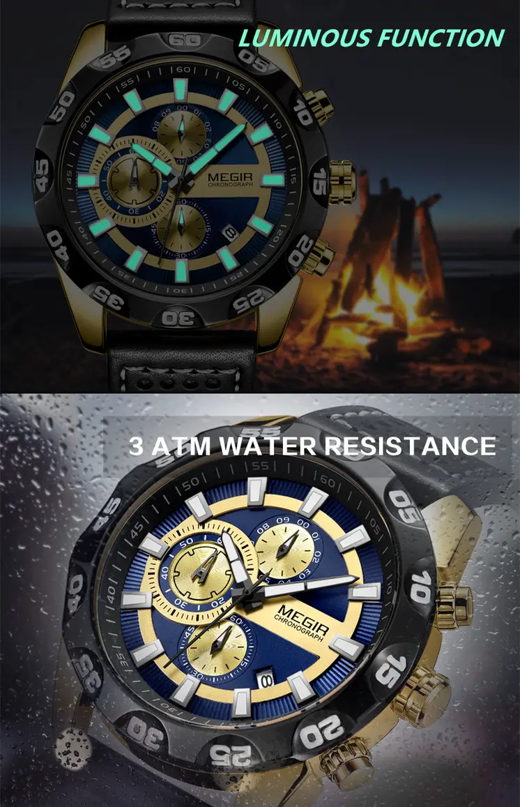 MEGIR Watches Mens Luxury Sports Military Watch Waterproof Luminous Quartz Wrist Watch Leather Casual Man Chronograph Clock