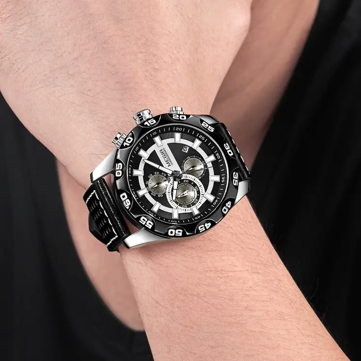 MEGIR Watches Mens Luxury Sports Military Watch Waterproof Luminous Quartz Wrist Watch Leather Casual Man Chronograph Clock