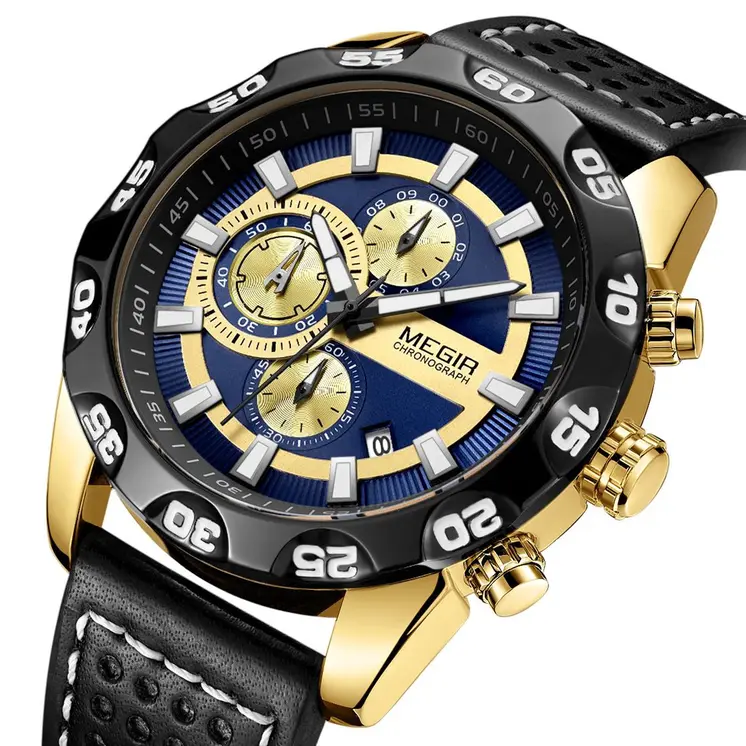 MEGIR Watches Mens Luxury Sports Military Watch Waterproof Luminous Quartz Wrist Watch Leather Casual Man Chronograph Clock