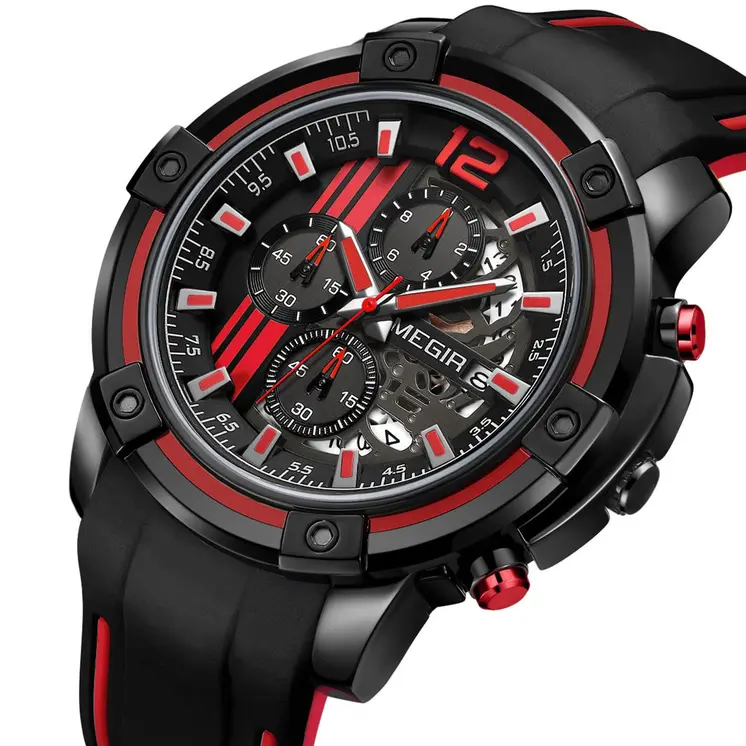 MEGIR Chronograph Mens Sport Watches with Silicone Band Big Dial Military Quartz Watch Men Clock Relogio Masculino Reloj Hombre