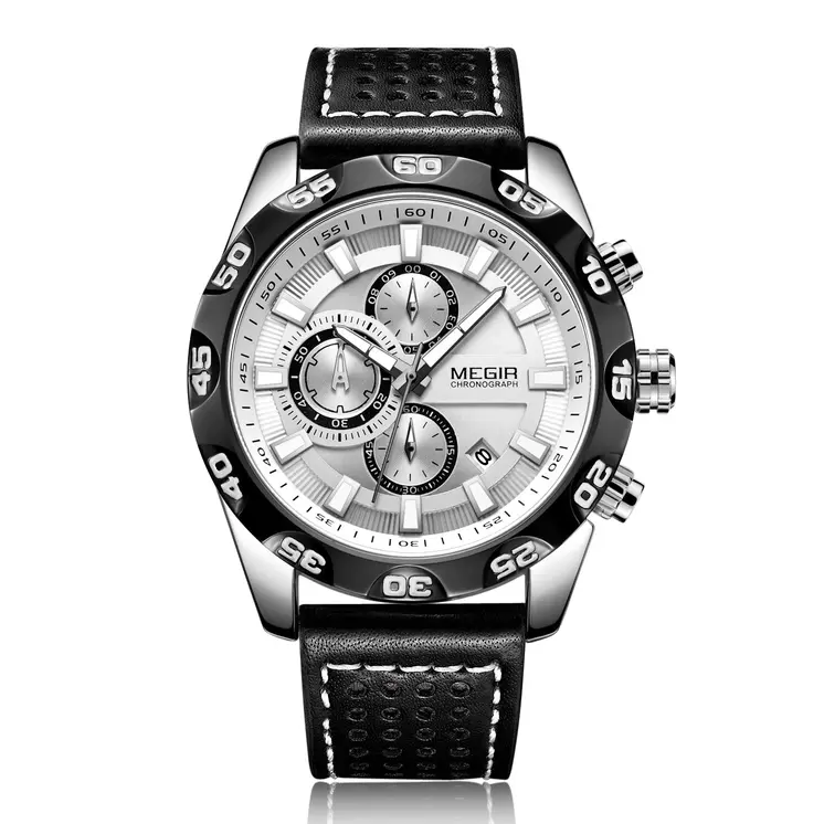MEGIR Watches Mens Luxury Sports Military Watch Waterproof Luminous Quartz Wrist Watch Leather Casual Man Chronograph Clock