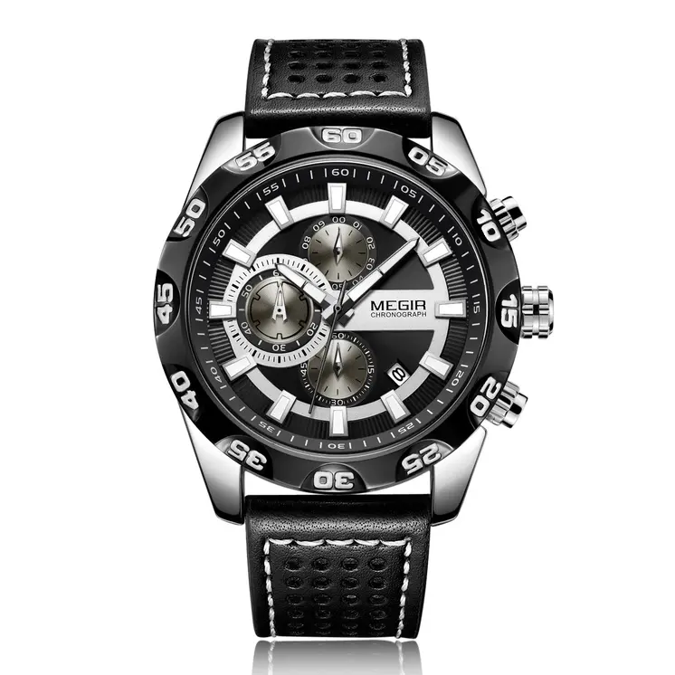 MEGIR Watches Mens Luxury Sports Military Watch Waterproof Luminous Quartz Wrist Watch Leather Casual Man Chronograph Clock