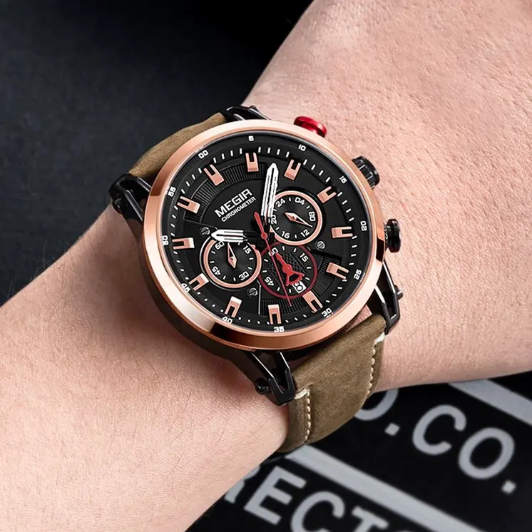 MEGIR Men Sports Watches Top Brand Luxury Leather Quartz Watch Men Clock Waterproof Army Military Wristwatches Relogio Masculino