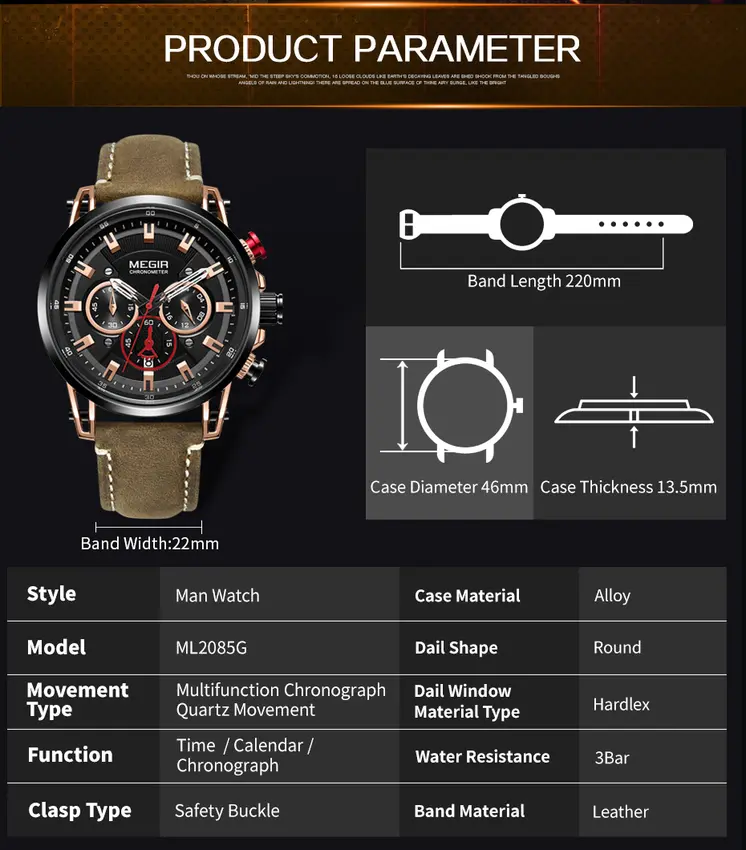 MEGIR Men Sports Watches Top Brand Luxury Leather Quartz Watch Men Clock Waterproof Army Military Wristwatches Relogio Masculino