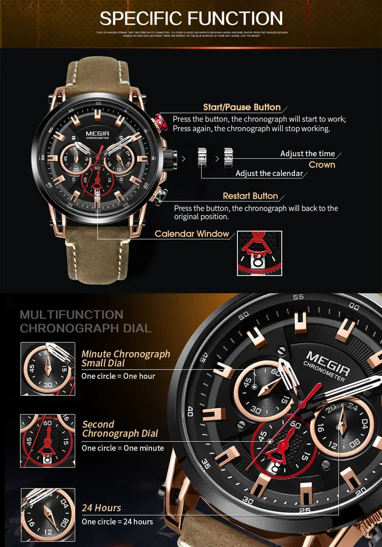 MEGIR Men Sports Watches Top Brand Luxury Leather Quartz Watch Men Clock Waterproof Army Military Wristwatches Relogio Masculino