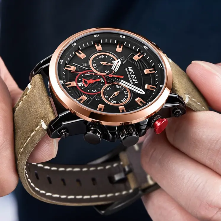 MEGIR Men Sports Watches Top Brand Luxury Leather Quartz Watch Men Clock Waterproof Army Military Wristwatches Relogio Masculino