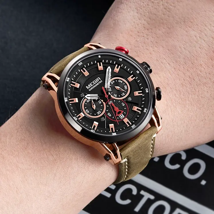 MEGIR Men Sports Watches Top Brand Luxury Leather Quartz Watch Men Clock Waterproof Army Military Wristwatches Relogio Masculino
