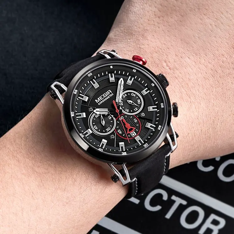 MEGIR Men Sports Watches Top Brand Luxury Leather Quartz Watch Men Clock Waterproof Army Military Wristwatches Relogio Masculino