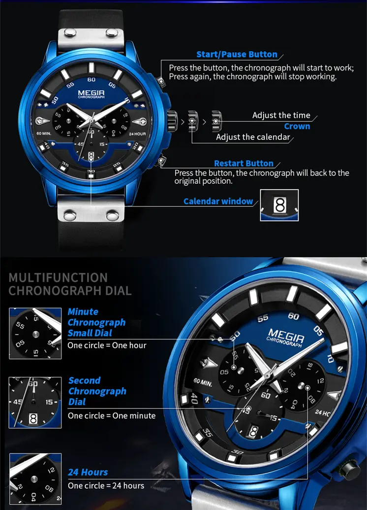MEGIR Fashion Military Watches for Men Luxury Quartz Sport Wrist Watch Calendar Luminous Waterproof Man Clock Chronograph 2080