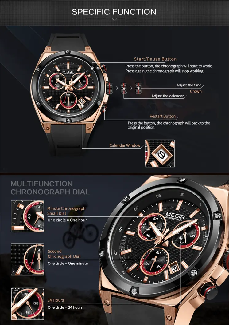 MEGIR Mens Watches Silicone Quartz Wrist Watch Chronograph Fashion Sport Business Wristwatch Luminous Male Clock Montre Homme