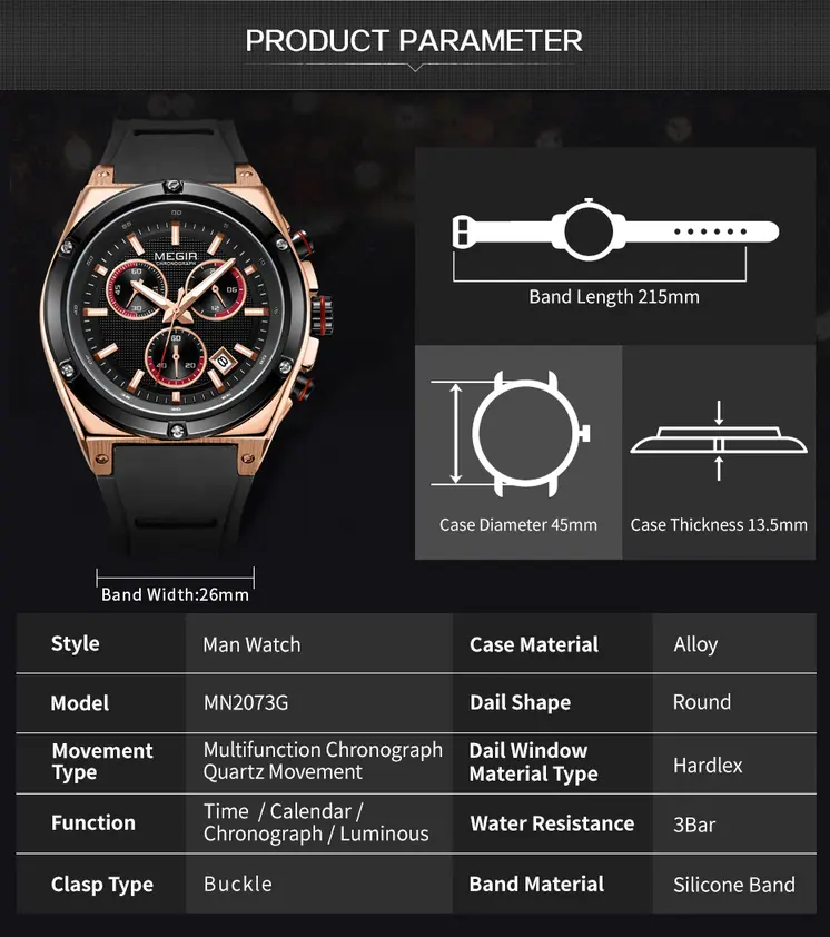 MEGIR Mens Watches Silicone Quartz Wrist Watch Chronograph Fashion Sport Business Wristwatch Luminous Male Clock Montre Homme