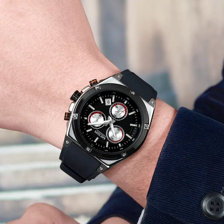 MEGIR Mens Watches Silicone Quartz Wrist Watch Chronograph Fashion Sport Business Wristwatch Luminous Male Clock Montre Homme