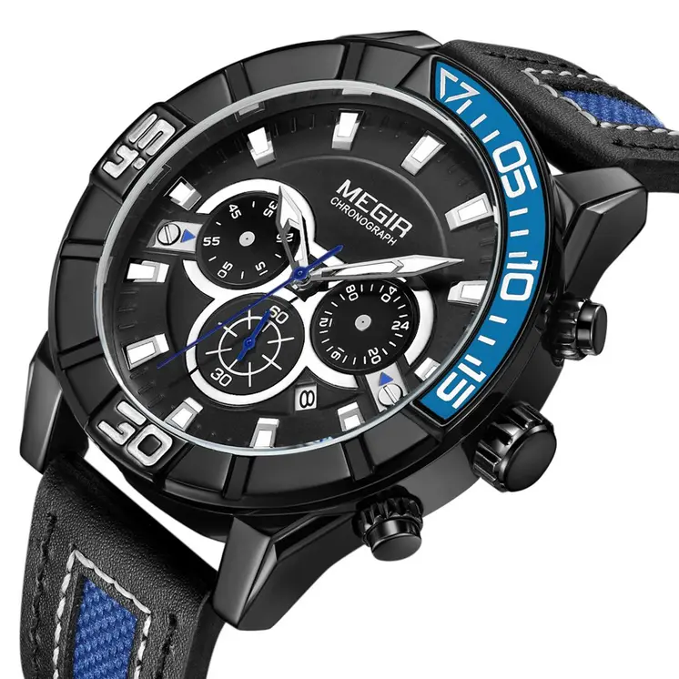 MEGIR Watches for Mens Top Brand Luxury Military Sports Watches Chronograph Leather Waterproof Date Quartz Wristwatch Man Clock