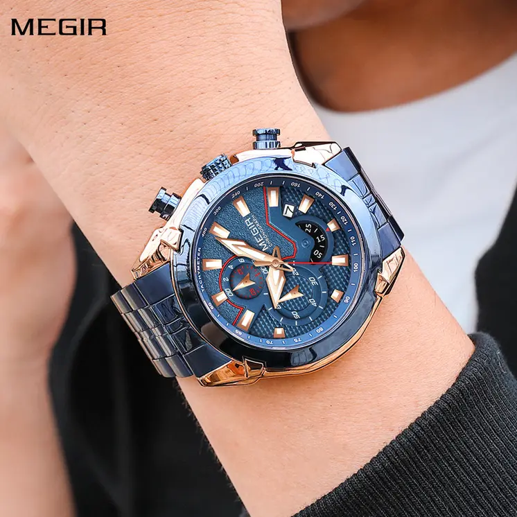 MEGIR Fashion Men Watches Luxury Business Watch for Men Stainless Steel Quartz Wrist Watch Calendar Date Clock Reloj Hombre 2065
