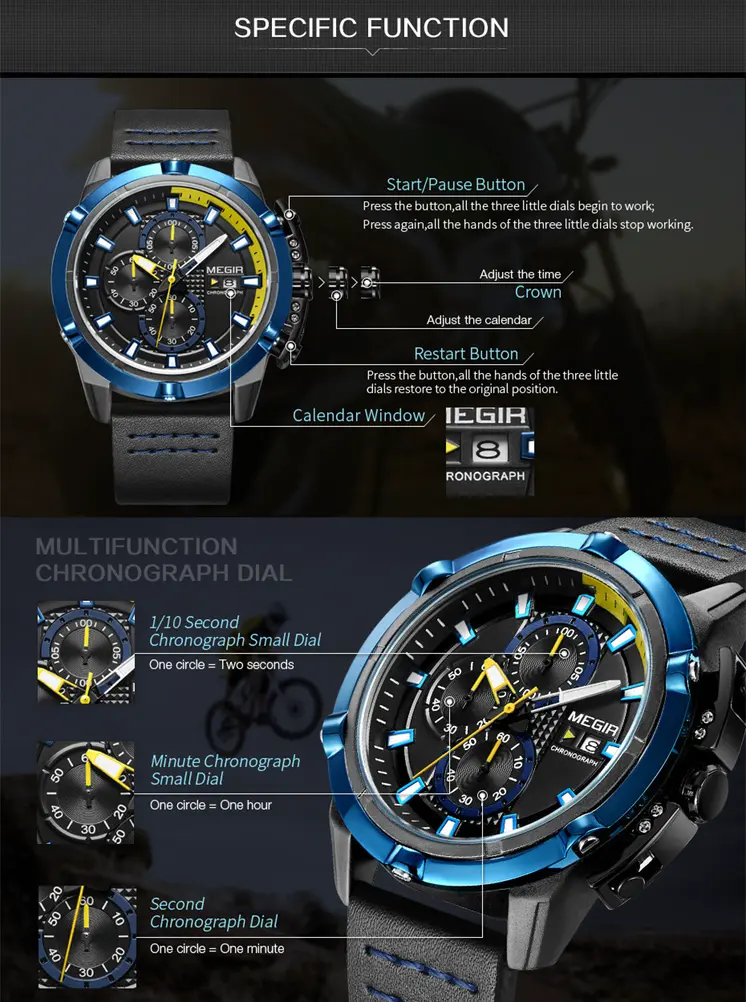 MEGIR Luxury Men's Watch Top Brand Fashion Sports Military Watches for Men Waterproof Quartz Wristwatch Leather Clock Man 2062