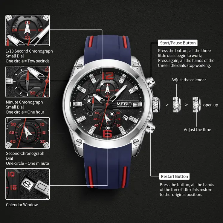 MEGIR Sport Watch Silicone Strap Chronograph Men Quartz Military Watch Waterproof Wrist Watches Relogio Masculino Man Clock