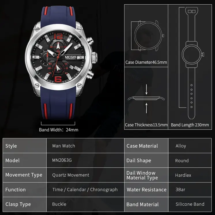MEGIR Sport Watch Silicone Strap Chronograph Men Quartz Military Watch Waterproof Wrist Watches Relogio Masculino Man Clock